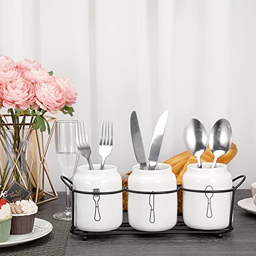 JUXYES Set of 3 Ceramic Silverware Holder for Countertop, White Flatware Organizer Utensil Holder With Black Metal Rack, Flatware Caddy Cutlery Holder Silverware Organizer for Kitchen Dining Tables