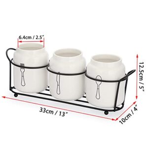 JUXYES Set of 3 Ceramic Silverware Holder for Countertop, White Flatware Organizer Utensil Holder With Black Metal Rack, Flatware Caddy Cutlery Holder Silverware Organizer for Kitchen Dining Tables