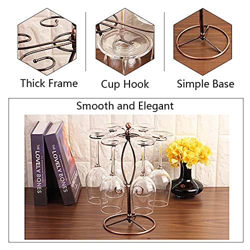 Sunnyac Scrollwork Wine Glass Rack, Elegant Freestanding Countertop Glasses Holder with 6 Hooks, Metal Stemware Storage Accessories and Wine Cup Drying Stand for Home Bar Tabletop Display (Bronze 4)