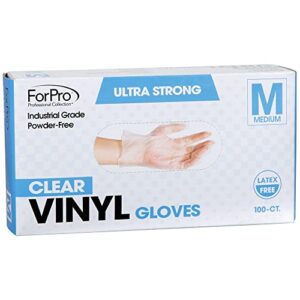 forpro disposable vinyl gloves, clear, industrial grade, powder-free, latex-free, non-sterile, food safe, 2.75 mil. palm, 3.9 mil. fingers, medium, 100-count
