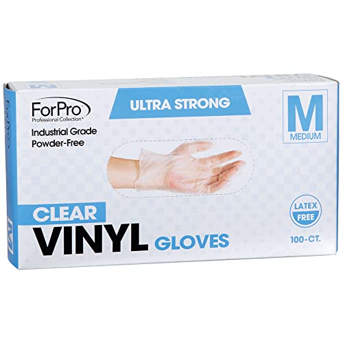 ForPro Disposable Vinyl Gloves, Clear, Industrial Grade, Powder-Free, Latex-Free, Non-Sterile, Food Safe, 2.75 Mil. Palm, 3.9 Mil. Fingers, Medium, 100-Count