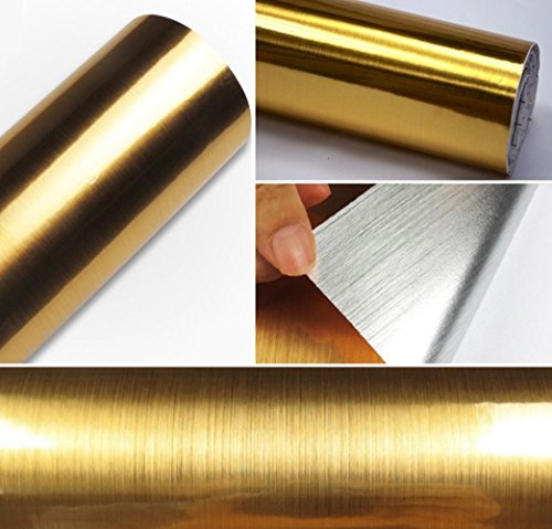 Metal Look Film Vinyl Self Adhesive Gold Texture Waterproof Anti Greasy Counter Top Peel Stick Metallic Gloss Shelf Liner for Kitchen Cabinet 15.6inch by 79inch