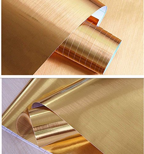 Metal Look Film Vinyl Self Adhesive Gold Texture Waterproof Anti Greasy Counter Top Peel Stick Metallic Gloss Shelf Liner for Kitchen Cabinet 15.6inch by 79inch