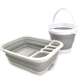 SAMMART 2pcs Kitchen & Outdoor Set : Collapsible Dish Drainer with Drainer Board & 5L Collapsible Plastic Bucket (2, Grey+Grey)