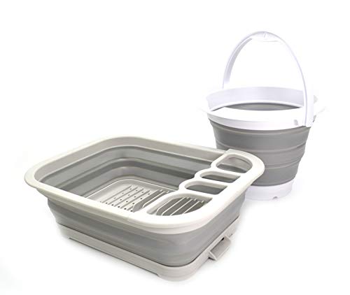 SAMMART 2pcs Kitchen & Outdoor Set : Collapsible Dish Drainer with Drainer Board & 5L Collapsible Plastic Bucket (2, Grey+Grey)