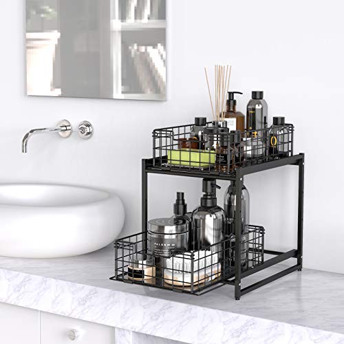 FavoThings Under Sink Cabinet Organizer 2-Tier Stackable Storage Shelf with Sliding Baskets Drawers for Kitchen, Bathroom, Office, Black