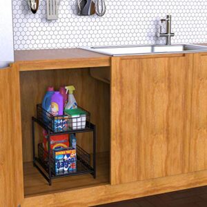 FavoThings Under Sink Cabinet Organizer 2-Tier Stackable Storage Shelf with Sliding Baskets Drawers for Kitchen, Bathroom, Office, Black