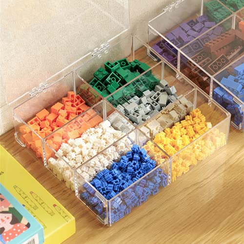 Figures Display Case with Door, Lego Parts Storage 6 Compartments Organizing Cabinet with Lid, Clear Storage Box for Small Particles Parts Toys, Transparent Showcase Shelf