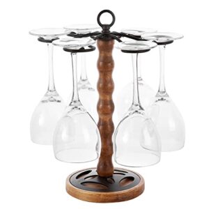 mygift brown solid wood and antique bronze metal tabletop wine glass holder with scrollwork design, free standing stemware display stand, holds 6 glasses