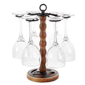 MyGift Brown Solid Wood and Antique Bronze Metal Tabletop Wine Glass Holder with Scrollwork Design, Free Standing Stemware Display Stand, Holds 6 Glasses