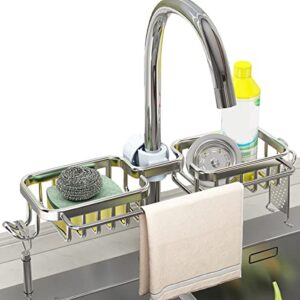 yomean kitchen sink caddy sponge holder organizer drain rack over faucet stainless steel drying rack for bathroom,towel, brush, peeler, soap, dish cloth rag hanging (sliver)