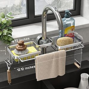 YOMEAN Kitchen Sink Caddy Sponge Holder Organizer Drain Rack Over Faucet Stainless Steel Drying Rack for Bathroom,Towel, Brush, Peeler, Soap, Dish Cloth Rag Hanging (Sliver)