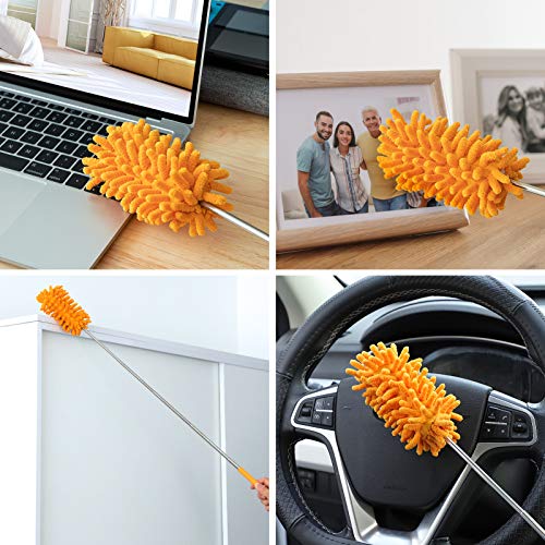 Microfiber Duster for Cleaning, Tukuos Hand Washable Dusters with 2pcs Replaceable Microfiber Head, Extendable Pole, Detachable Cleaning Supplies for Office, Car, Window, Furniture, Ceiling Fan