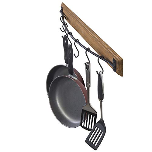 MyGift Kitchen Pot Rack, 6 Removable S-Hook Rustic Brown Wood Wall Mounted Pan Storage Rack Organizer/Cooking Utensil Display Holder