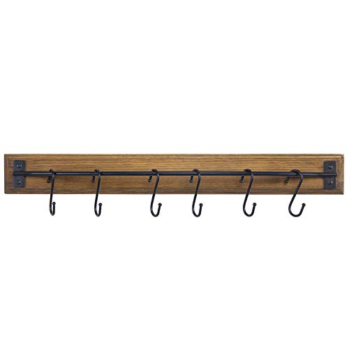 MyGift Kitchen Pot Rack, 6 Removable S-Hook Rustic Brown Wood Wall Mounted Pan Storage Rack Organizer/Cooking Utensil Display Holder