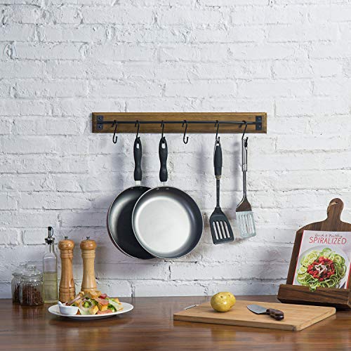 MyGift Kitchen Pot Rack, 6 Removable S-Hook Rustic Brown Wood Wall Mounted Pan Storage Rack Organizer/Cooking Utensil Display Holder