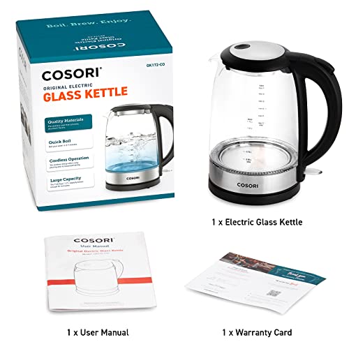 COSORI Electric Kettle with Stainless Steel Filter and Inner Lid, 1500W Wide Opening 1.7L Glass Tea Kettle & Hot Water Boiler, LED Indicator Auto Shut-Off & Boil-Dry Protection, BPA Free, Matte Black