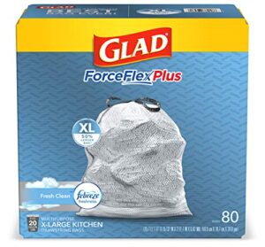 glad forceflexplus xl x-large kitchen drawstring trash bags, 20 gallon grey trash bag for large kitchen trash can, fresh clean with febreze freshness and leak protection, 80 count (package may vary)