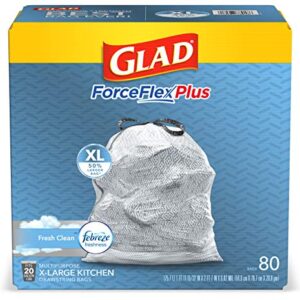 GLAD ForceFlexPlus XL X-Large Kitchen Drawstring Trash Bags, 20 Gallon Grey Trash Bag for Large Kitchen Trash Can, Fresh Clean with Febreze Freshness and Leak Protection, 80 Count (Package May Vary)