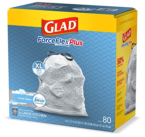 GLAD ForceFlexPlus XL X-Large Kitchen Drawstring Trash Bags, 20 Gallon Grey Trash Bag for Large Kitchen Trash Can, Fresh Clean with Febreze Freshness and Leak Protection, 80 Count (Package May Vary)