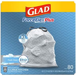 GLAD ForceFlexPlus XL X-Large Kitchen Drawstring Trash Bags, 20 Gallon Grey Trash Bag for Large Kitchen Trash Can, Fresh Clean with Febreze Freshness and Leak Protection, 80 Count (Package May Vary)