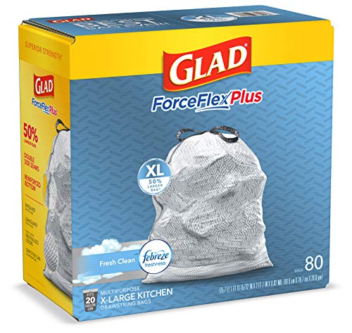 GLAD ForceFlexPlus XL X-Large Kitchen Drawstring Trash Bags, 20 Gallon Grey Trash Bag for Large Kitchen Trash Can, Fresh Clean with Febreze Freshness and Leak Protection, 80 Count (Package May Vary)