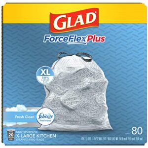 GLAD ForceFlexPlus XL X-Large Kitchen Drawstring Trash Bags, 20 Gallon Grey Trash Bag for Large Kitchen Trash Can, Fresh Clean with Febreze Freshness and Leak Protection, 80 Count (Package May Vary)