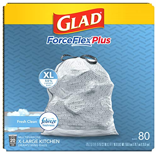 GLAD ForceFlexPlus XL X-Large Kitchen Drawstring Trash Bags, 20 Gallon Grey Trash Bag for Large Kitchen Trash Can, Fresh Clean with Febreze Freshness and Leak Protection, 80 Count (Package May Vary)