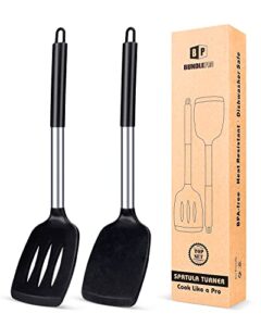 pack of 2 silicone solid turner ,non stick slotted kitchen spatulas ,high heat resistant bpa free cooking utensils ,ideal cookware for fish ,eggs ,pancakes (black)
