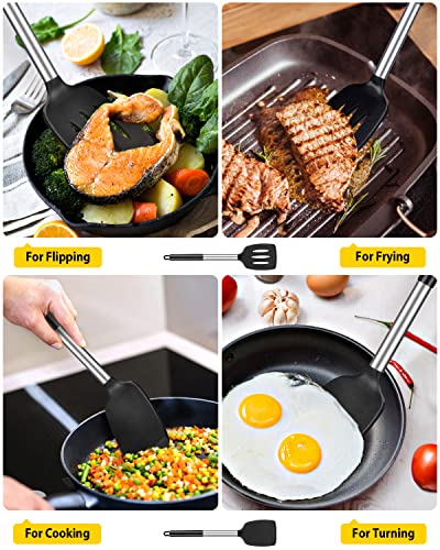 Pack of 2 Silicone Solid Turner ,Non Stick Slotted Kitchen Spatulas ,High Heat Resistant BPA Free Cooking Utensils ,Ideal Cookware for Fish ,Eggs ,Pancakes (Black)