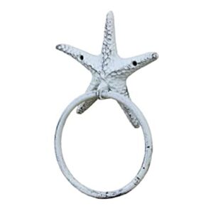 Handcrafted Nautical Decor Rustic Whitewashed Cast Iron Starfish Towel Holder 8.5" - Decorative Starfish -