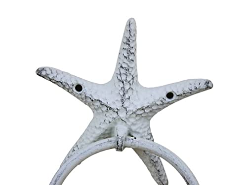 Handcrafted Nautical Decor Rustic Whitewashed Cast Iron Starfish Towel Holder 8.5" - Decorative Starfish -