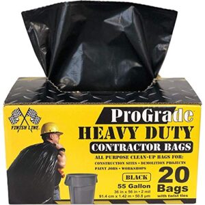 reli. prograde contractor trash bags 55 gallon (20 bags w/ ties) black 55 gallon trash bags heavy duty, garbage bags / construction bags (2 mil) (55 gallon – 60 gallon), black