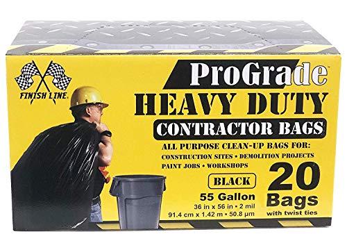 Reli. ProGrade Contractor Trash Bags 55 Gallon (20 Bags w/ Ties) Black 55 Gallon Trash Bags Heavy Duty, Garbage Bags / Construction Bags (2 mil) (55 Gallon - 60 Gallon), Black