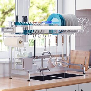 livod over the sink dish drying rack, 2 tier stainless steel over sink dish drying rack adjustable (25.6″-37.6″), large over sink dish rack for kitchen space saving, silver