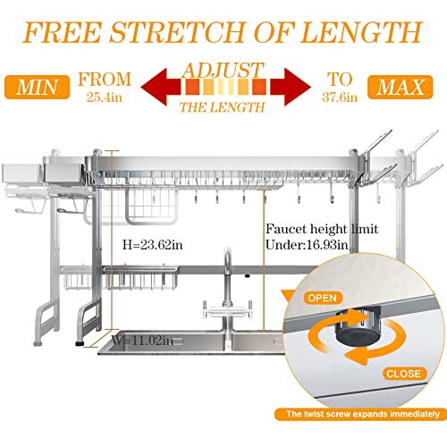 LIVOD Over The Sink Dish Drying Rack, 2 Tier Stainless Steel Over Sink Dish Drying Rack Adjustable (25.6"-37.6"), Large Over Sink Dish Rack for Kitchen Space Saving, Silver