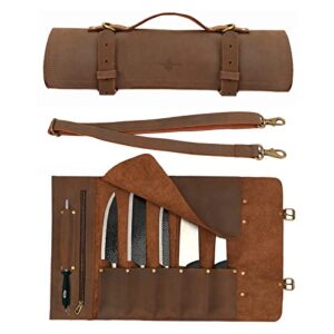 tourbon leather knife roll bag, kitchen tool holder with 5 slot and zipper pocket, camping cooking tools stroage carry case with shoulder strap