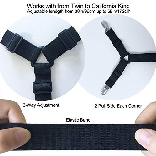 Siaomo Bed Sheet Holder Straps - Adjustable Crisscross Sheet Clips Elastic Band Fitted Bed Sheet Fasten Suspenders Grippers,2Pcs/Set Black