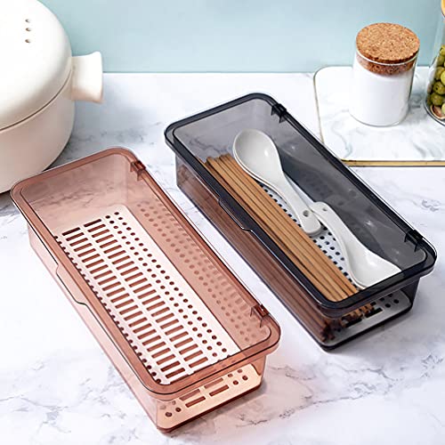 2Pcs Plastic Flatware Tray with Lid Chopsticks Drain Rack Kitchen Cutlery Utensil Drawer Colander Drying Holder Organizer Basket 28X13CM