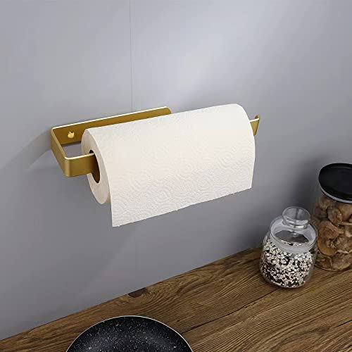 HCHANGEN Paper Towel Holder, Under Cabinet Paper Towel Holder Wall Mounted Stainless Steel Paper Towel Holder for Kitchen or Bathroom, Self Adhesive or Drilling (Gold)