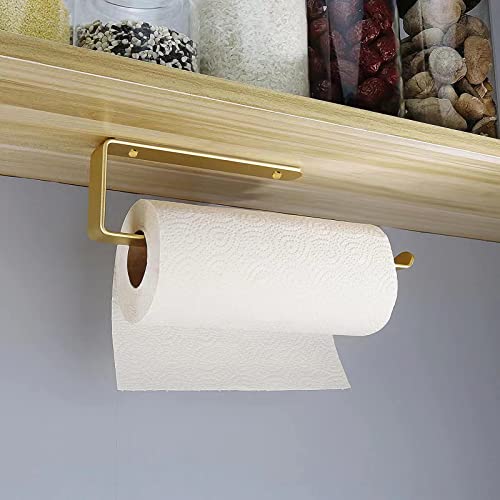 HCHANGEN Paper Towel Holder, Under Cabinet Paper Towel Holder Wall Mounted Stainless Steel Paper Towel Holder for Kitchen or Bathroom, Self Adhesive or Drilling (Gold)
