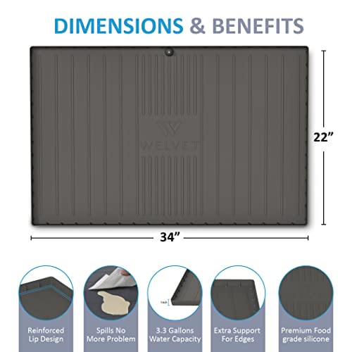 Welvet Under Sink Mat for Kitchen Waterproof 34”X22” Strong Under Sink Drip Tray, Holds Up To 3.3 Gallons water, Thick Cabinet Protector Liner for Kitchen & Bathroom, with Soap Dish & Sponge Brush