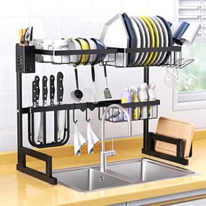basstop dish drying rack over sink, length adjustable (25.6”≤sink size≤”33.5) stainless steel above sink dish rack drainer shelf with 2 tier 6 hook for kitchen counter space saving-matte black