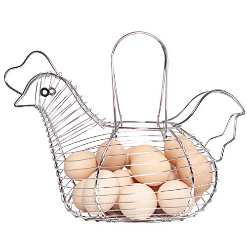 Simple and Neat Chrome Steel Wire Egg Basket with Handle, Holds 15-20 Eggs, Medium Size