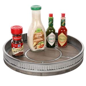 mygift 12 inch farmhouse decorative lazy susan, vintage brown wood and galvanized metal turntable display tray