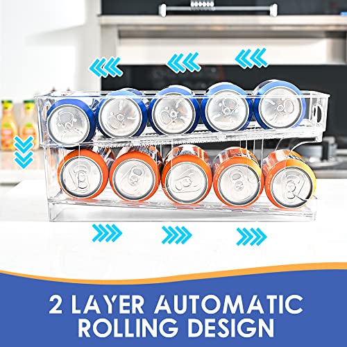 2-Layer Auto Rolling Beverage Can Organizer, Soda Can Organizer for Refrigerator Pop Can Organizer Dispenser Holder for Beer, Transparent Plastic Containers