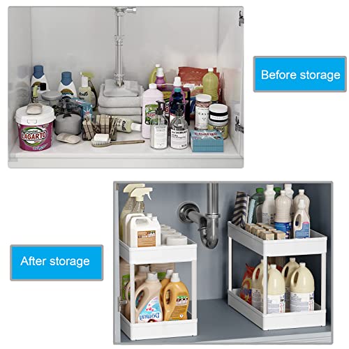 XXFBJNMD Under Sink Organizer, 2 Tier Bathroom Organizer Under Sink with 1 Cup and 4 Hooks, Bathroom Kitchen Multifunctional Under Sink Organizers and Storage (White)