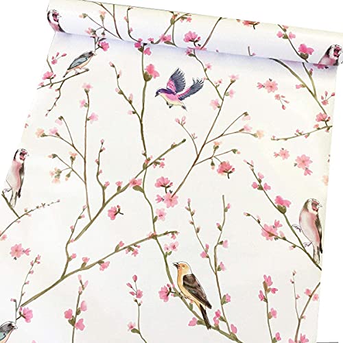 HDsticker Peel Stick Rustic Floral and Birds Wallpaper Self Birds Shelf Liner Contact Paper for Cabinets Dresser Drawer Walls Furniture Decal Removable 17.7X117 Inches Pink 17.7 x117