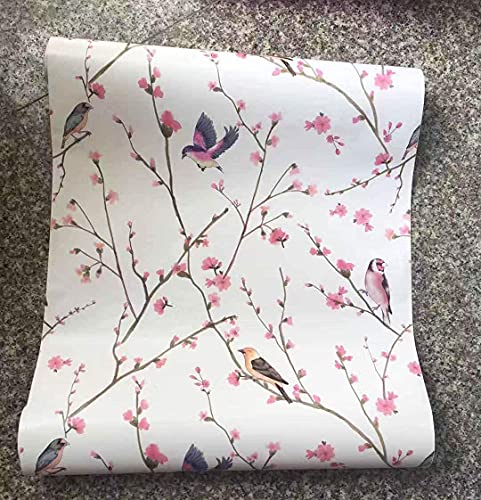 HDsticker Peel Stick Rustic Floral and Birds Wallpaper Self Birds Shelf Liner Contact Paper for Cabinets Dresser Drawer Walls Furniture Decal Removable 17.7X117 Inches Pink 17.7 x117