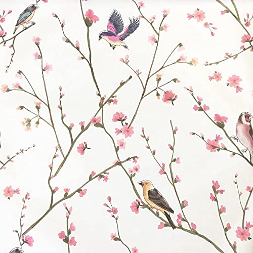 HDsticker Peel Stick Rustic Floral and Birds Wallpaper Self Birds Shelf Liner Contact Paper for Cabinets Dresser Drawer Walls Furniture Decal Removable 17.7X117 Inches Pink 17.7 x117